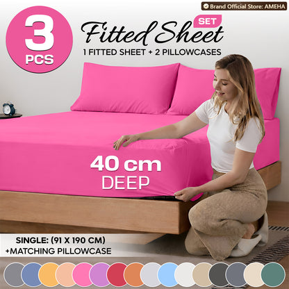3pcs 40cm Extra Deep Fitted Sheet – Solid Color Soft & Comfortable Bed Sheet with 2pcs Matching Pillowcases, Breathable Fabric Soft Brushed Microfiber Bedding, Machine Washable for Home Bedroom, Hotel