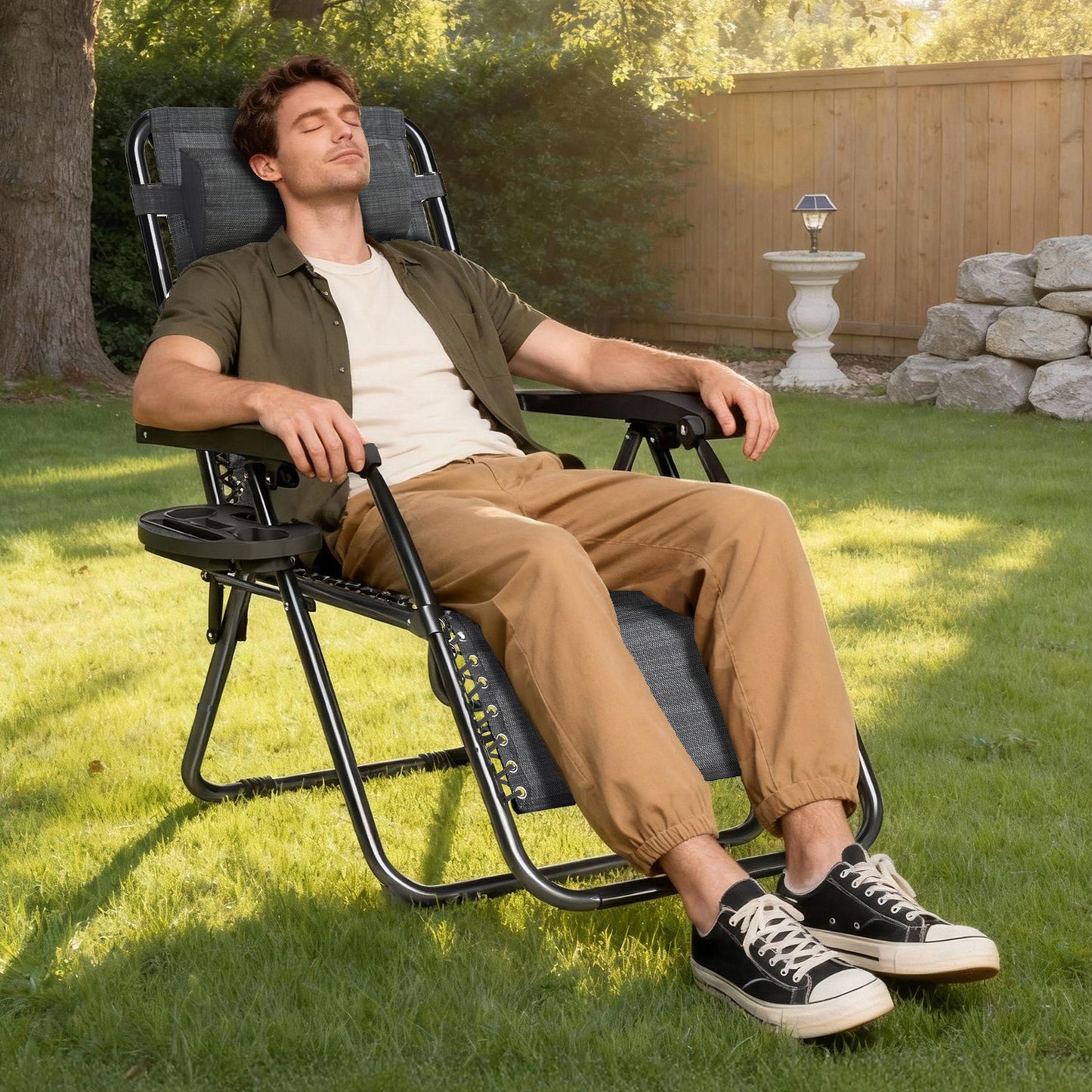 2pcs Zero Gravity Chairs, Fabric Foldable Patio Chairs Outdoor, Lounge Camping Chairs with Padded Pillow, Armrest, Footrest and Cup Holder - Textilene Fabric