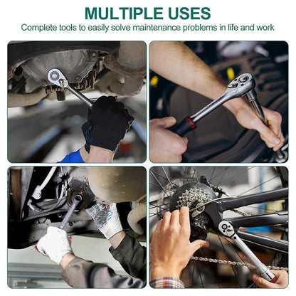 43+3/214+2pcs Heavy-Duty Socket Wrench & Tool Set with Quick-Release Ratchet, Extension & Screwdriver Kit Suitable for Car, Motorcycle, Repair, 1/2 1/4 3/8 Drive, Professional Mechanic Tool Kit for DIY and Auto Maintenance