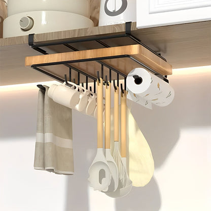 Under Cabinet Storage Rack with Hooks – No-Drill Carbon Steel Kitchen Hanging Shelf for Cutting Boards, Cups, Cloths & Kitchen Utensils, Black