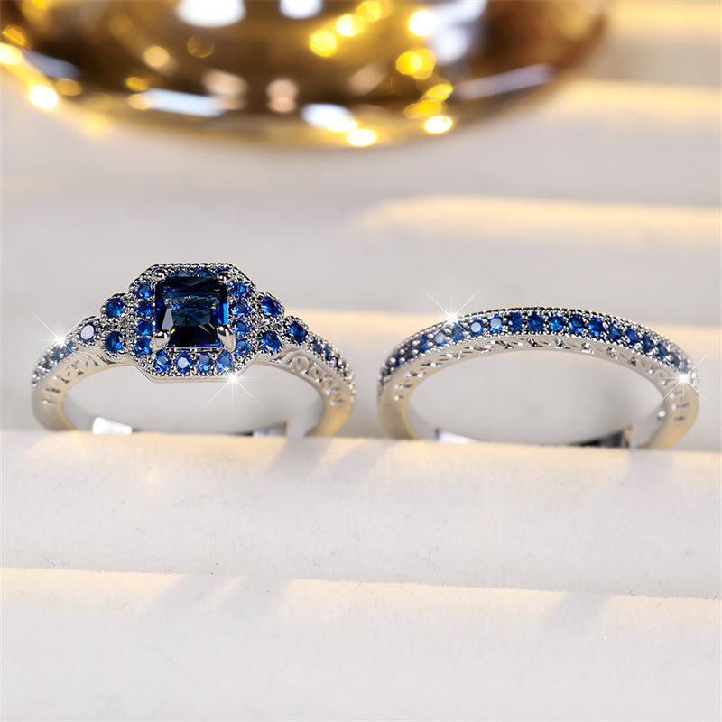 Set of 2, Elegant Blue Synthetic Zirconia White K Plated Stackable Rings, Ideal for Luxury Events, Parties, Festivals, And Everyday Use, Perfect for Any Season