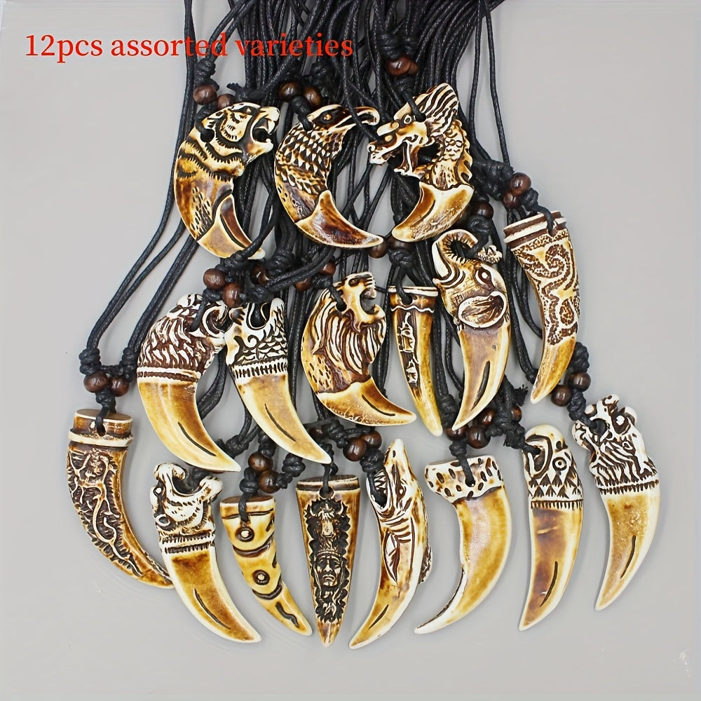 12pcs/Lot Random Style Mixed Cool Imitation Bone Carved Dragon Totem Shark/Wolf Tooth Pendant Necklace Elphant Amulet Wholesale