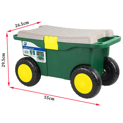 Gardeners Tool Cart and Seat, Wheeled Portable Rolling Weeding Stool and Tool Storage, Green