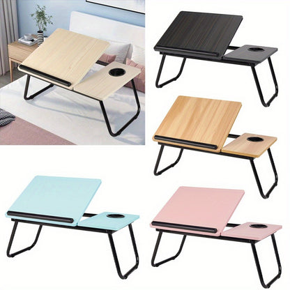 [Cozy Comfort] 73*40cm Versatile Folding Laptop Desk with Cup Holder - 5-Level Adjustable Tilt, Portable & Sturdy Wooden Frame, Ideal for Reading, Studying & Serving Breakfast in Bed - Available in Black, Walnut, Natural, Pink