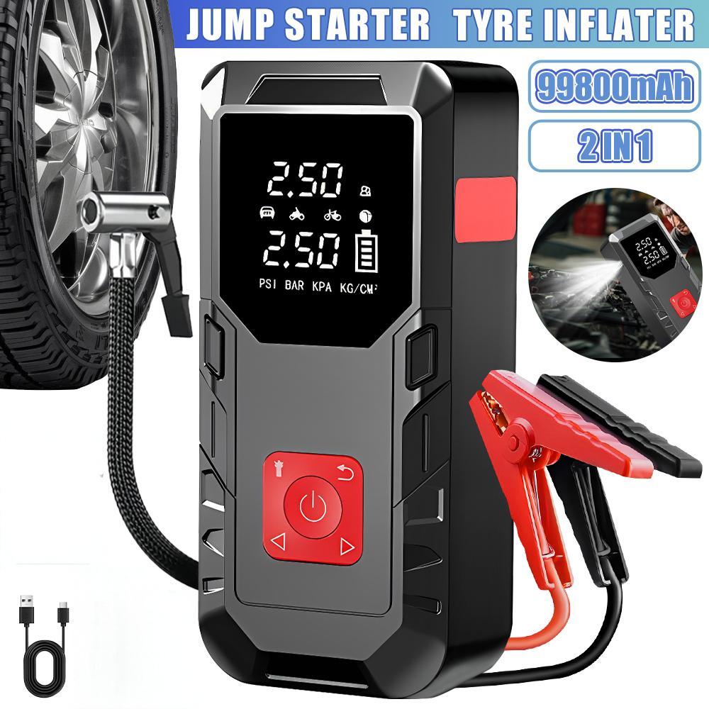 Car Jump Starter & Tyre Inflator 150PSI, Emergency Kit for All Petrol & Diesel Cars, Portable Tyre Inflator with LED Light, 12V Power Bank for Phone Charging, Emergency Battery Booster for Petrol/Diesel Engines, Essential for Travel, Camping & Winter Driv