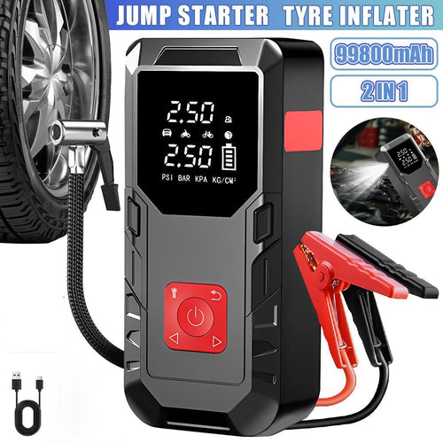 Car Jump Starter & Tyre Inflator 150PSI, Emergency Kit for All Petrol & Diesel Cars, Portable Tyre Inflator with LED Light, 12V Power Bank for Phone Charging, Emergency Battery Booster for Petrol/Diesel Engines, Essential for Travel, Camping & Winter Driv