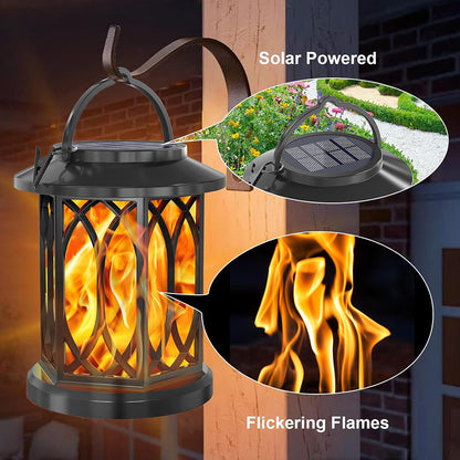 2pcs Hanging Solar Lanterns with Realistic Flickering Flame LED, Solar Lights Outdoor Garden, Waterproof Flame Effect Garden Ornaments for Pathway Patio Decoration