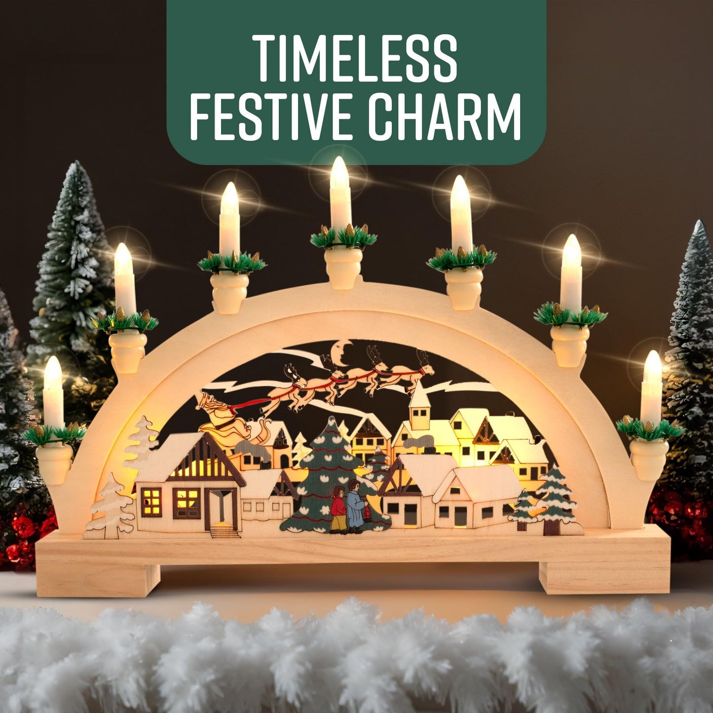 GloBrite Wooden Candle Bridge Decoration with 7 Warm White LED Candles - Indoor Christmas Window Decor, Battery Operated - 45cm x 32cm x 5cm, Multicolour