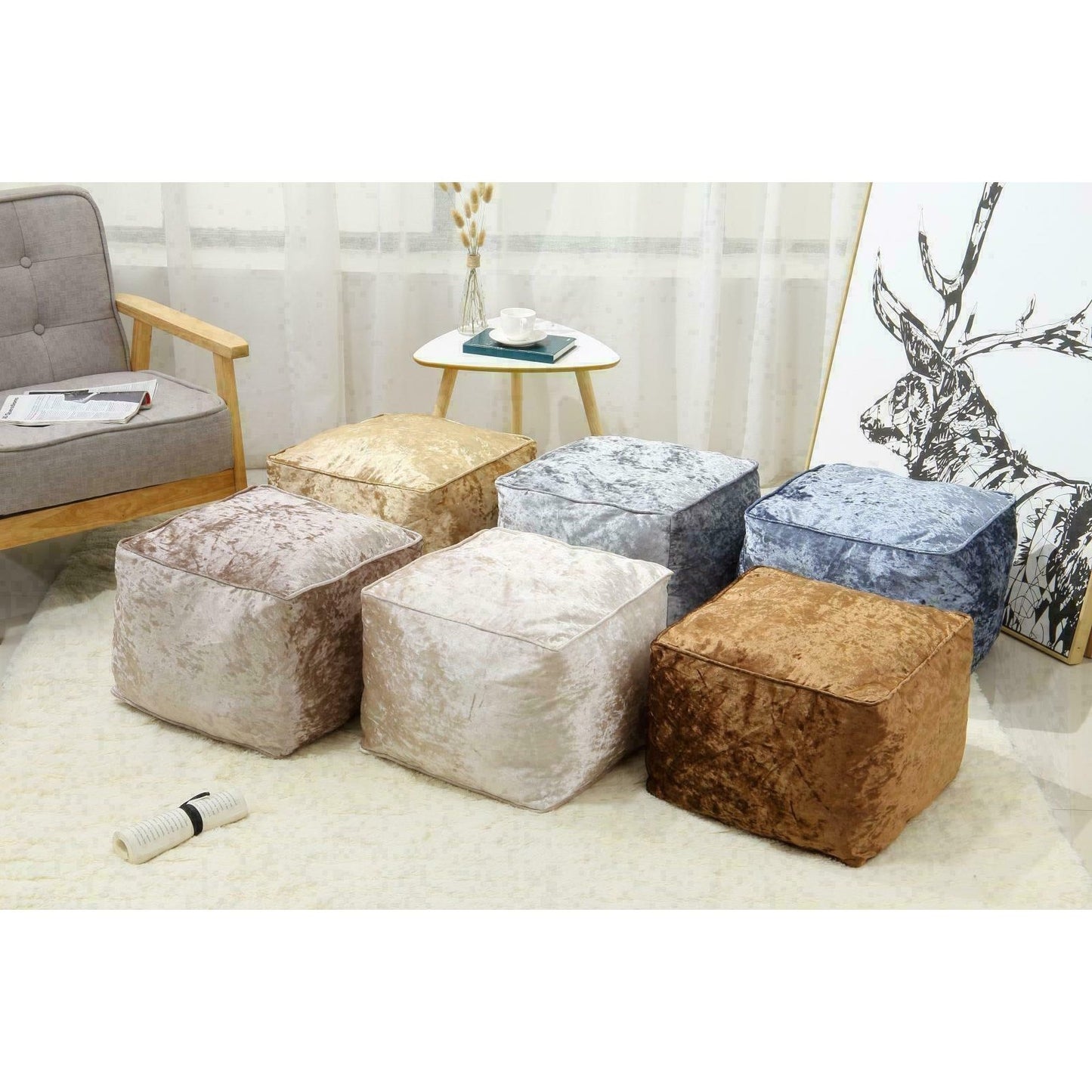 Fully Filled Velvet Bean Bag Footstool – Cube Pouffe Seat, 40×40×30cm, Soft Crush Velvet, Square Shape, Ideal as Foot Rest or Extra Seating