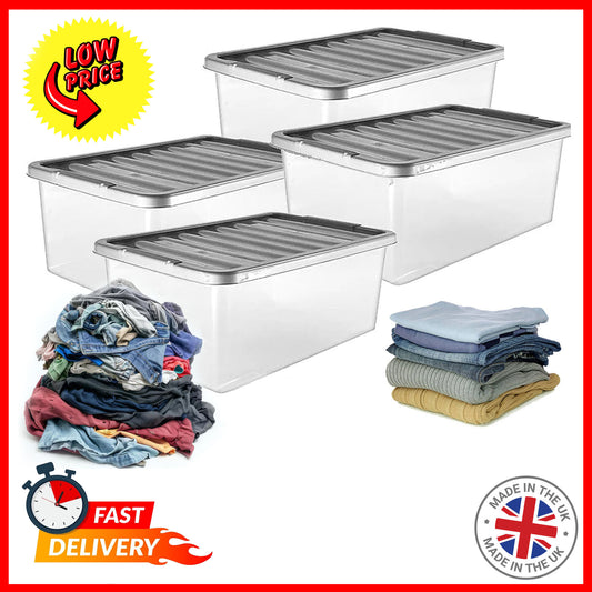 4 Pack 32L Clear Large Storage Boxes Containers Complete With Silver Lids Underbed Home/Office Storage