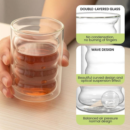 This 6-pack of double, walled glass coffee cups, each with a 330ml (11oz) capacity, keeps drinks hot or cold. Includes 6 spoons and is dishwasher safe. Perfect for serving tea, cappuccino, and latte at home, in a cafe, or in the office.