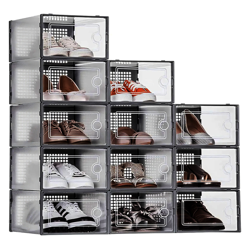 Folding Shoe Storage Box, 12 Pack Clear Transparent Shoe Storage Boxes Hard Plastic Stackable Organiser Containers Bins, DIY Easy Assembly, Sturdy & Durable, Space Saving, Black Door Frame, Foldable and Versatile for Sneakers, Fit up to UK Size 9.5