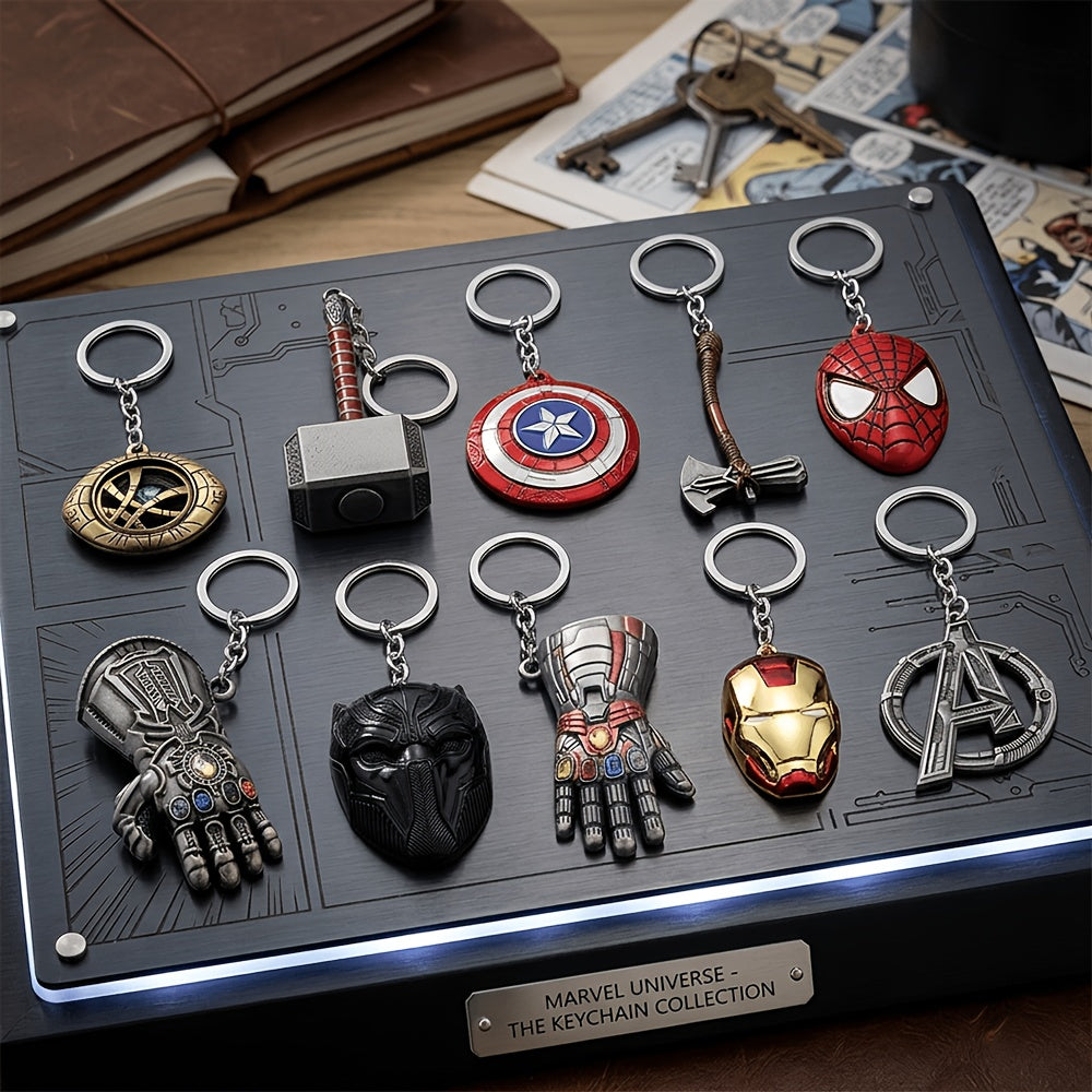 Marvel Avengers 10pcs/Zinc Alloy Metal Pendant Keychain Set/Iron for Man Gauntlet, Thor Hammer, Captain America Shield, Spider-for Man Mask Key Ring/Creative Movie Fans Gift Accessories