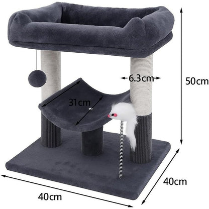 Grey Cat Tree Tower with Sisal Scratching Posts | Condo, Bed, Dangling Ball & Playful Mouse | Sturdy 50cm Perch for Cats & Kittens