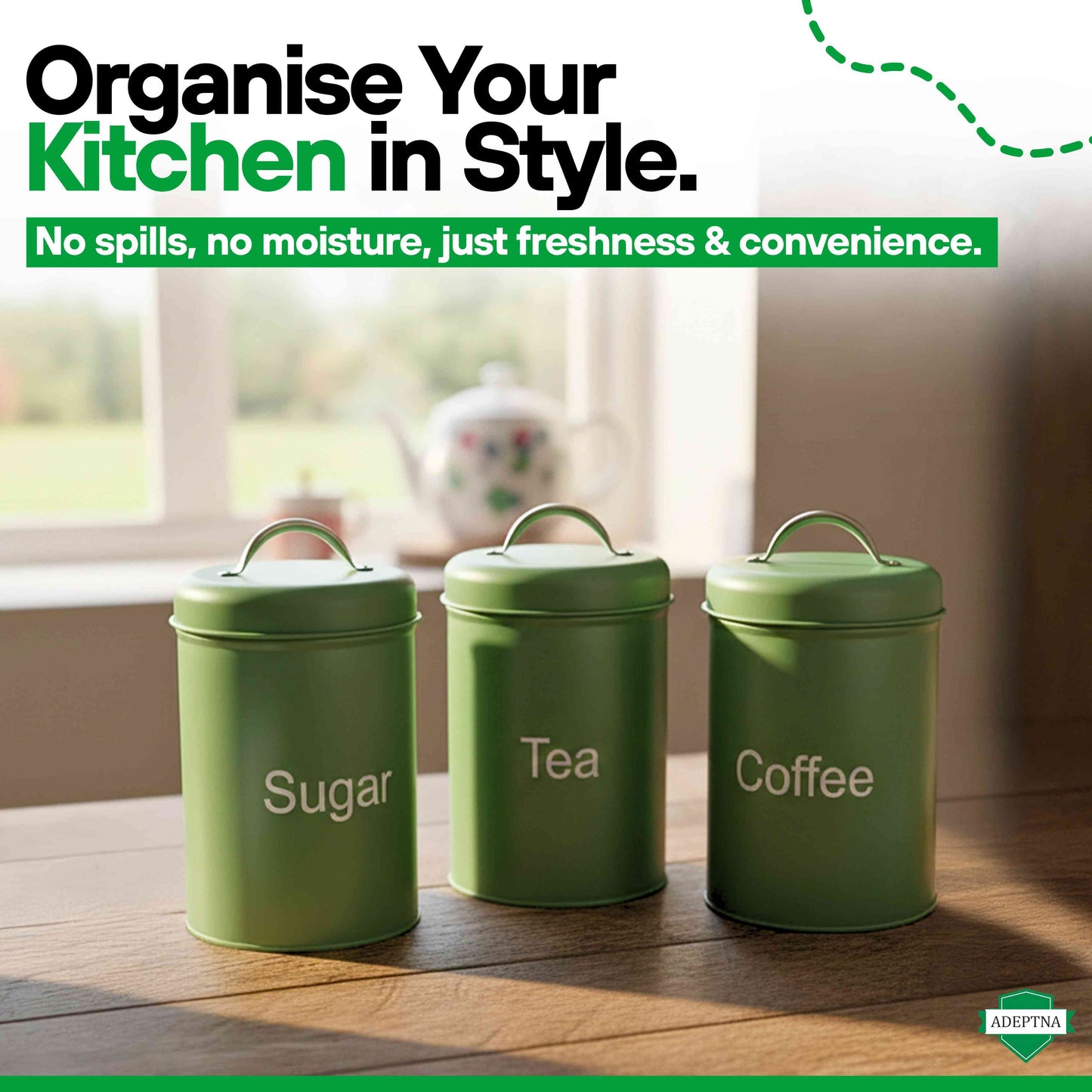 ADEPTNA 3pcs Tea Coffee Sugar Canister Set Airtight Metal Kitchen Storage Jars with Lids Durable Round Food Containers Easy Clean, Minimal Modern Design for Home, Office & Camping