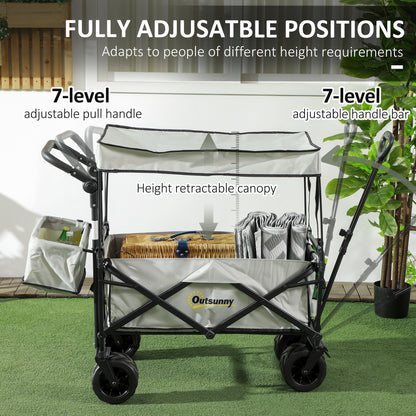 Folding Trolley Cart Storage Wagon Beach Trailer 4 Wheels with Handle Overhead Canopy Cart Push Pull For Shopping Camping, Spacious Design With Side Outer Pocket, Telescopic Pull Handle, Cup Holder, Steel Frame With 360° Rotating Wheels