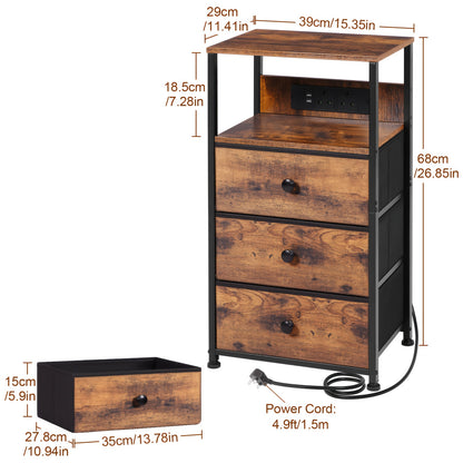 RELIABLE 2pcs Bedside Table with Charging Station, Side Table with LED Light, Small Nightstand with 3 Fabric Drawers And Open Storage Shelf, Bedside Cabinet for Bedroom, Living Room