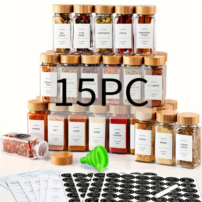15/24pcs Spice Jars with Label Paper And Lid, 4oz, Spice Empty Bottles with Collapsible Funnel, Glass Condiment Containers, Storage Jars, Commercial Restaurant Kitchen Accessories, Kitchen Condiment Jars