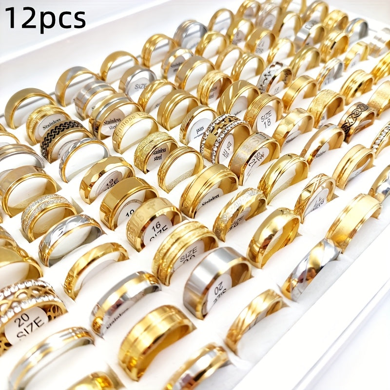 12pcs/Lot Trendy Golden Colour Stainless Steel Rings for Men And Women Wholesale Mixed Exquisite Ring Charm Anniversary Finger Ring Jewelry Gift