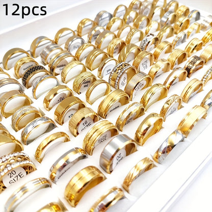 12pcs/Lot Trendy Golden Colour Stainless Steel Rings for Men And Women Wholesale Mixed Exquisite Ring Charm Anniversary Finger Ring Jewelry Gift