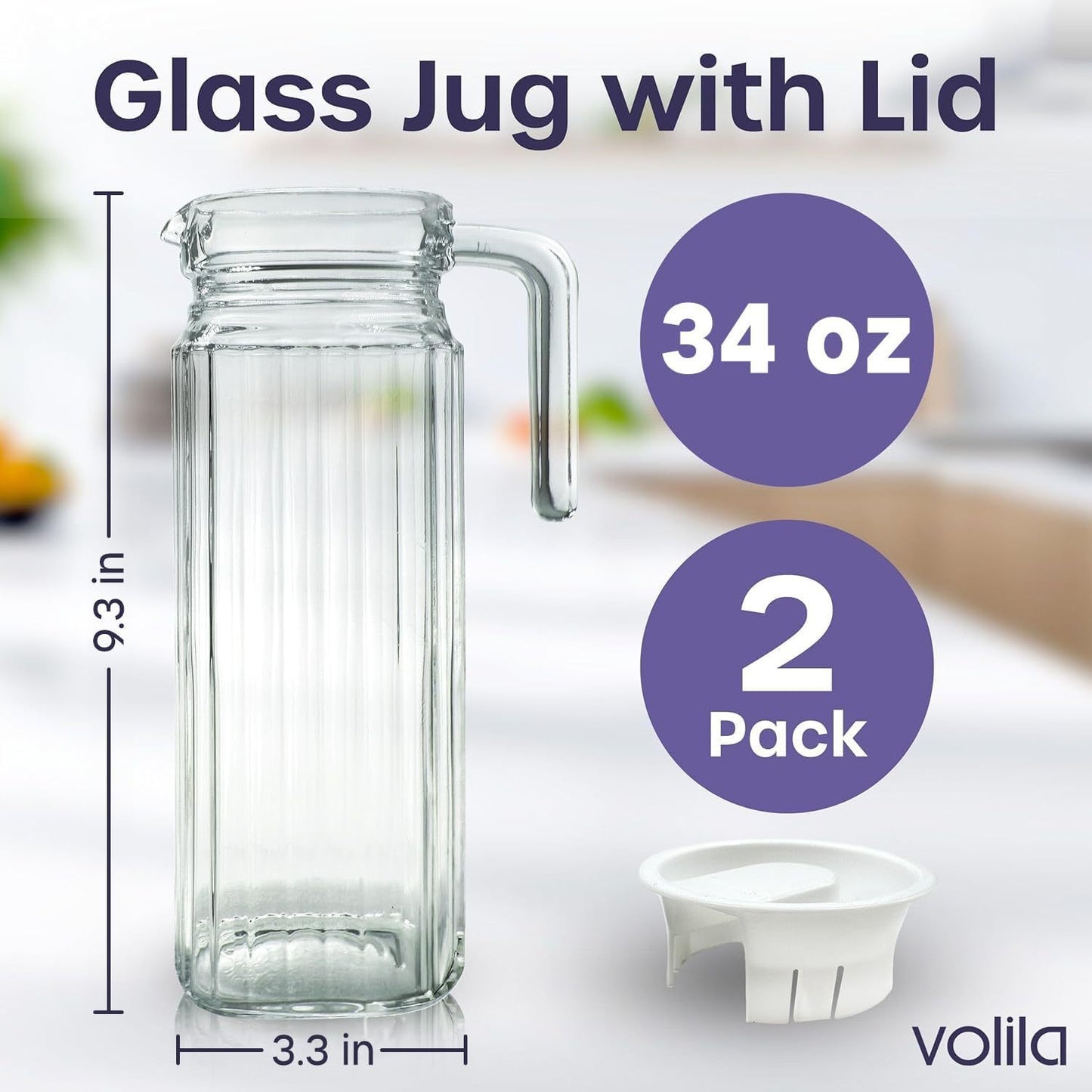 Fridge Jug Glass Water Jug with Lid - Clear Water Pitcher with Ribbed Glass Design & Handle for Fridge Shelf & Everyday - Juices, Pimms & Picnics