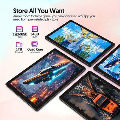 Android 15 Tablet 10.1 Inch 12GB RAM 64GB ROM 1TB Expandable 6000mAh Dual Camera WiFi Leather Case or Keyboard Set Multiple Bundle Options