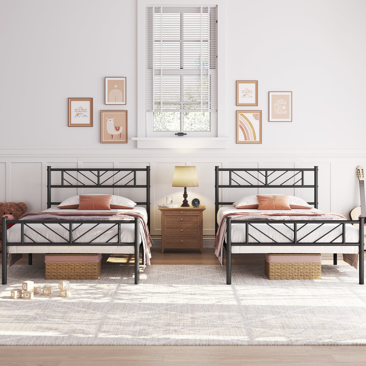 Costoffs Metal Platform Bed Frame, Single/Double/King Sizes, Mattress Foundation with Arrow Design Headboard & Footboard, Built-in Steel Slats, 32cm Underbed Storage, No Box Spring Needed, Black/White
