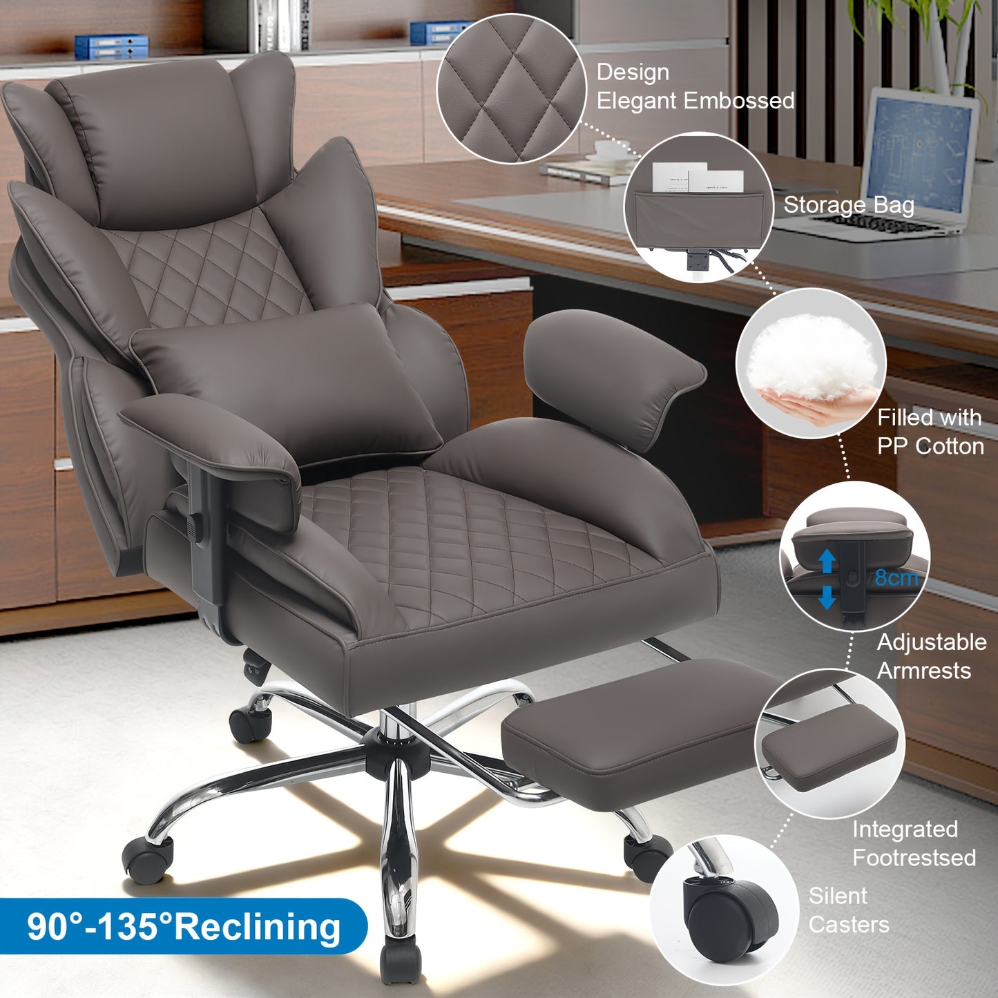Big And Tall Ergonomic Office Chair With Footrest, Extra Wide & Lumbar Support, Soft Fixed Armrests Comfortable Computer Desk Chair For Home Or Office