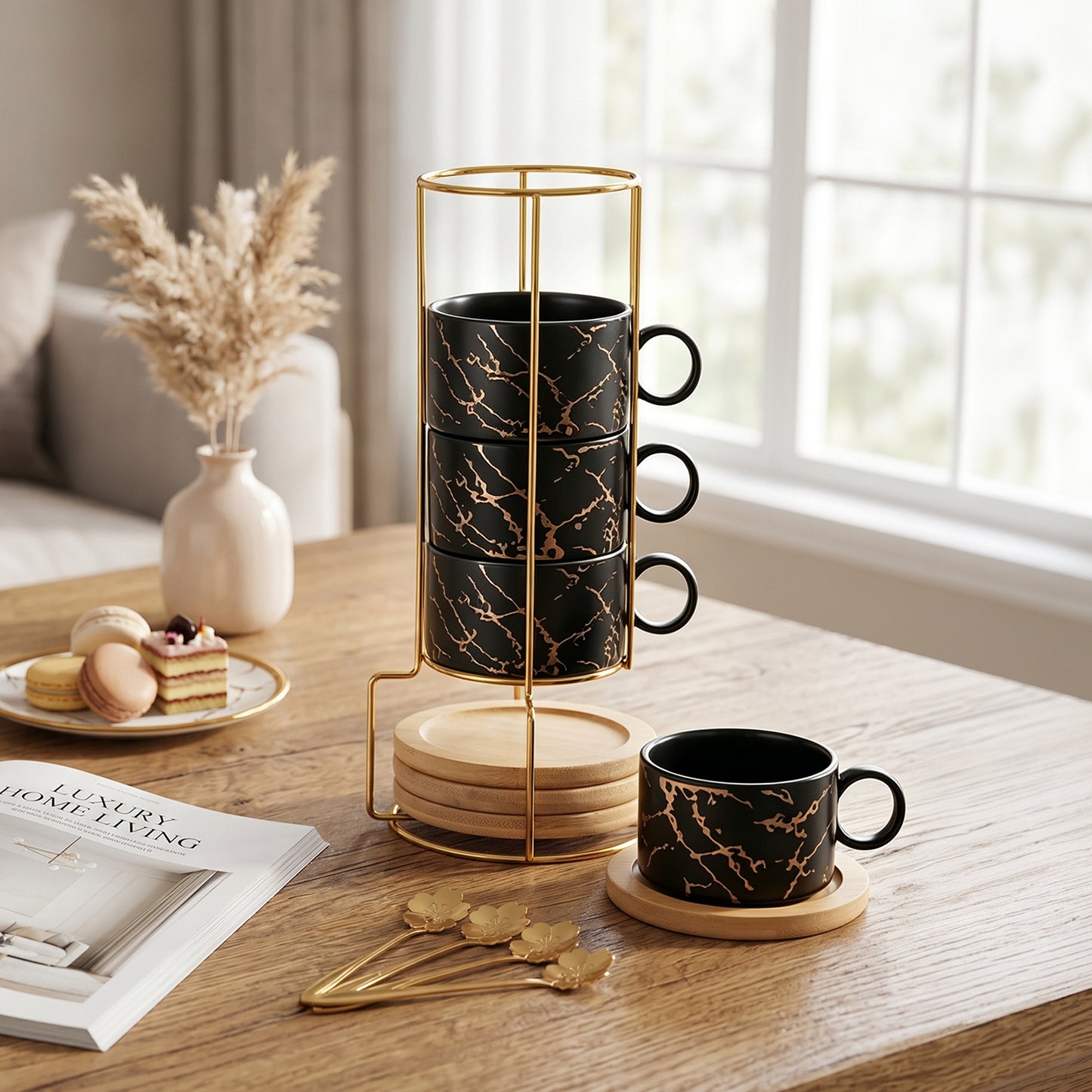 Black Ceramic Coffee Mug Cup Set, Including Four 180ml Cups, Saucers, Spoons, Metal Storage Rack, Stackable Cups and Saucers, Espresso Cups, Holiday and Birthday Gift Set