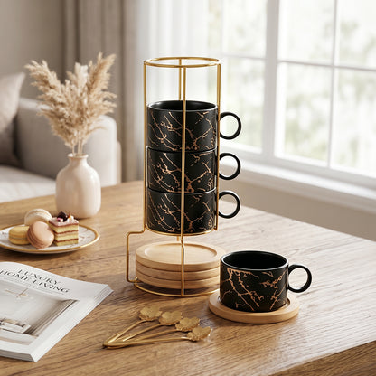 Black Ceramic Coffee Mug Cup Set, Including Four 180ml Cups, Saucers, Spoons, Metal Storage Rack, Stackable Cups and Saucers, Espresso Cups, Holiday and Birthday Gift Set
