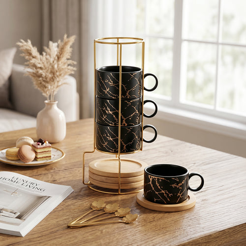 Black Ceramic Coffee Mug Cup Set, Including Four 180ml Cups, Saucers, Spoons, Metal Storage Rack, Stackable Cups and Saucers, Espresso Cups, Holiday and Birthday Gift Set