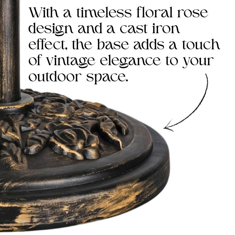 9kg Round Parasol Base Bronze Cast Iron Effect Umbrella Stand, Outdoor Heavy Duty Weight Support with Adjustable Collars & Tightening Knob for Garden, Patio, Lawn & Terrace Furniture, Floral Design, Bronze