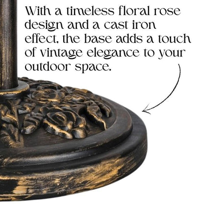 9kg Round Parasol Base Bronze Cast Iron Effect Umbrella Stand, Outdoor Heavy Duty Weight Support with Adjustable Collars & Tightening Knob for Garden, Patio, Lawn & Terrace Furniture, Floral Design, Bronze
