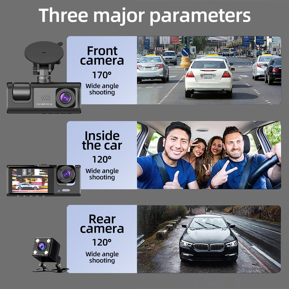 Dash Cam Recorder 1080P 3 Lens Dash Cam for Cars - Front, Inside & Rear View with IR Night Vision, Loop Recording, Wide Angle Lens, and 5.08 Cm IPS Display, Universal Fit, Car Plug, Smartphone Compatible