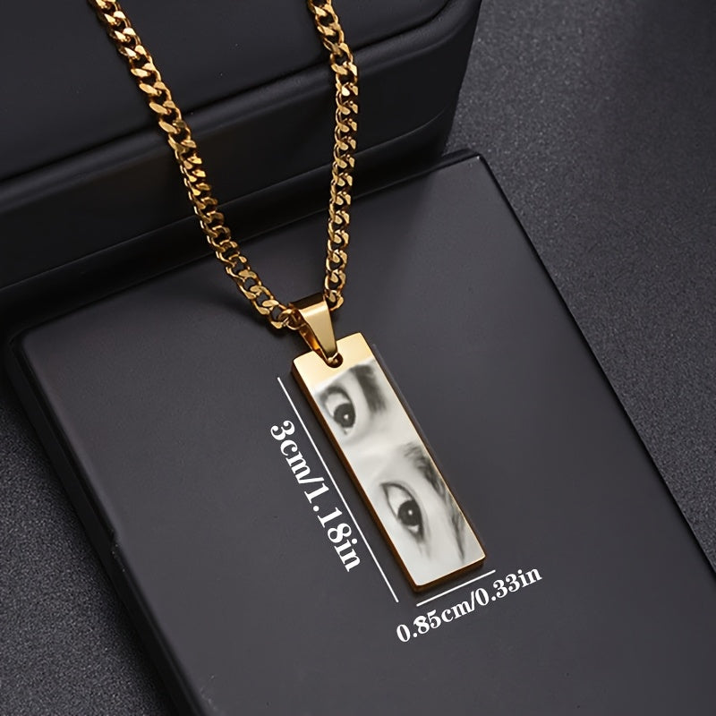 Custom Personalized Engraved Eye Picture Long Strip Necklace, 316L 316L Stainless Steel Fashion Creative Couple Photo Necklace - Gift for Each Other