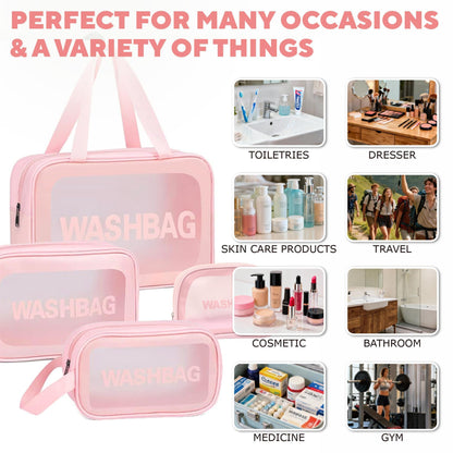 LIVHOME 4pcs Clear Toiletry Bags, Waterproof PVC Travel Makeup Bags, Transparent Wash Bags for Women and Girls, Multi-Sized Closet Organizer for Toiletries, Cosmetics, and Wardrobe Storage