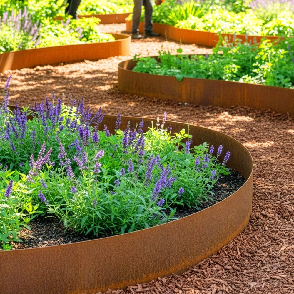 Corten Steel Lawn Edging 15cm x 5m – Pre-Aged Rust Finish, 0.3mm Thick Metal Garden Border for Lawns, Flower Beds & Gravel Paths | Gloves Included