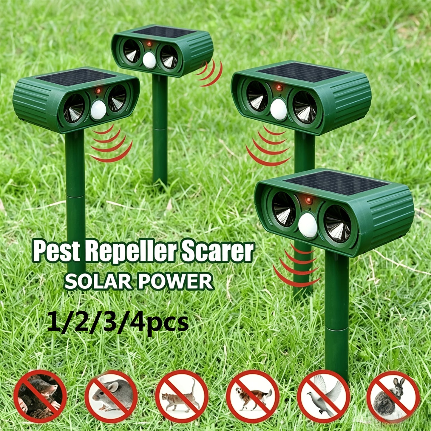 Green Multi-Functional Solar Animal Repellent Device, Equipped with Motion Sensor, Suitable for Squirrels, Mice, Raccoons, Dogs. Suitable for Gardens, Farms, And Yards