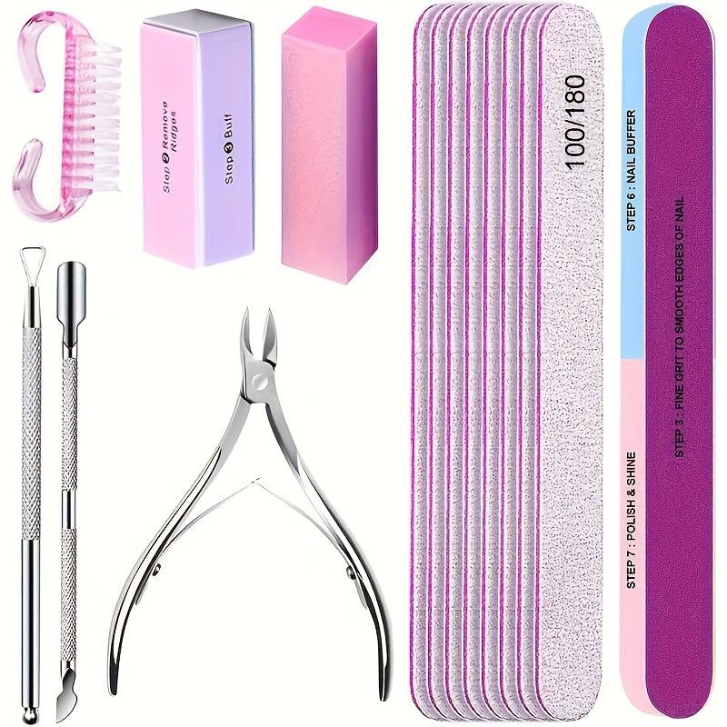 Professional Nail Art Kit 15pcs with 100/180 Grit Files, Buffer Sponge, Brush, Scissors, Cuticle Nippers & Pushers - Gel Polish Tools for Manicure, Pedicure, Home Salon Use, Nail Tech Supplies | Professional Nail Kit | Durable Construction