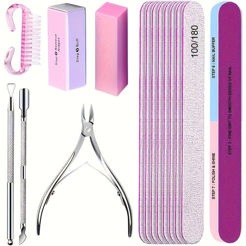 Professional Nail Art Kit 15pcs with 100/180 Grit Files, Buffer Sponge, Brush, Scissors, Cuticle Nippers & Pushers - Gel Polish Tools for Manicure, Pedicure, Home Salon Use, Nail Tech Supplies | Professional Nail Kit | Durable Construction