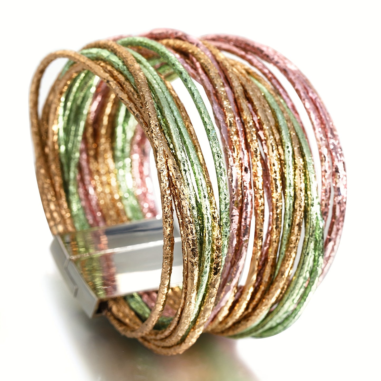 1pc Slim Stripes Wide Multilayer Wrap Bracelet Metallic Shiny Glitter Artificial Leather Cuff with Magnetic Clasp Jewelry for Men Women Holiday Party Birthday Gifts
