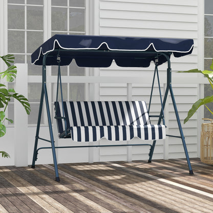 Three-Person Swing Chair Featuring an Adjustable Canopy, a Garden Swing Seat with a Steel Frame, And a Padded Seat in Blue And White