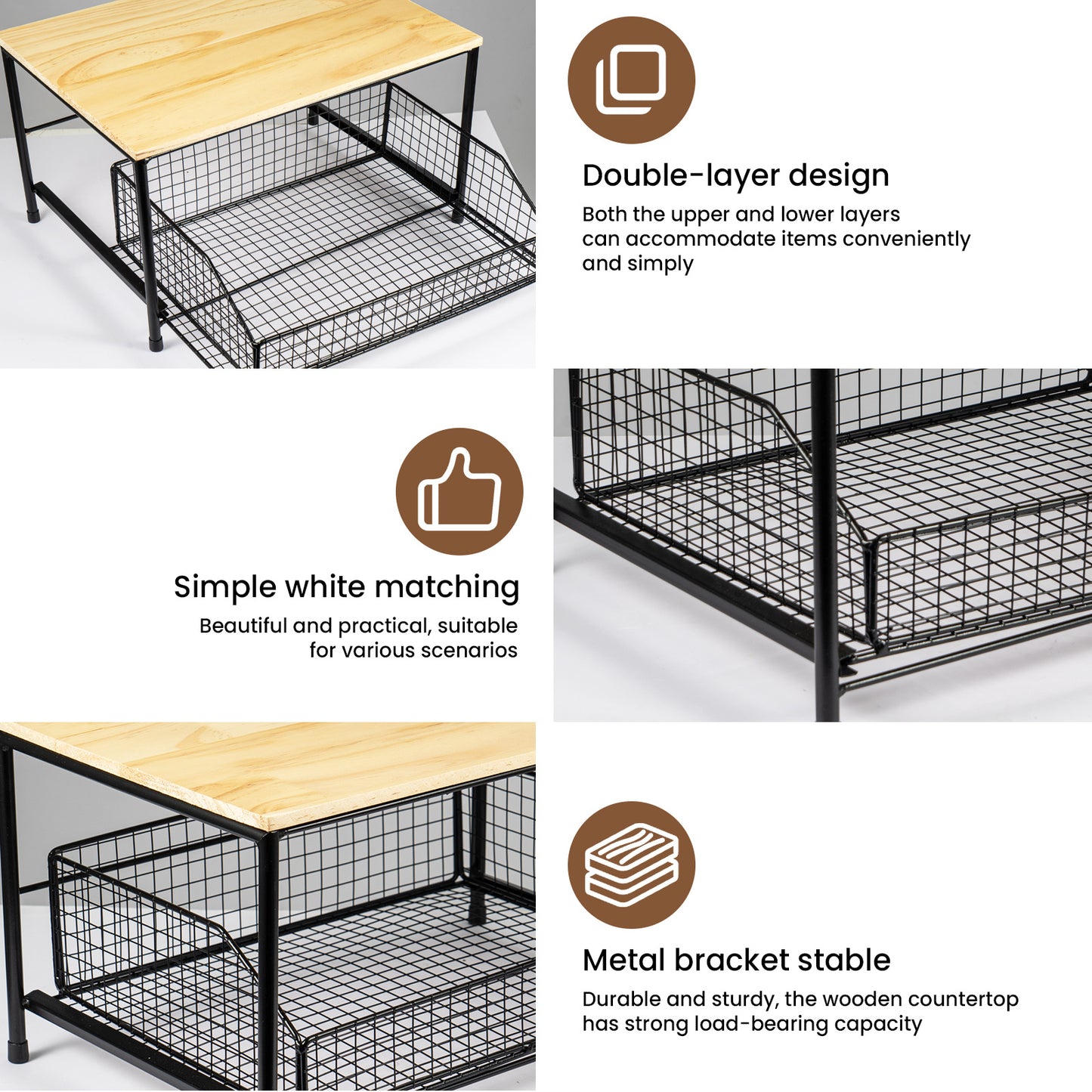 Space-Saving Kitchen Countertop Storage Rack with Drawers And Metal Baskets - Sturdy And Durable Double-Layer Metal Storage Rack for Cookware, Tableware, And Condiments - Modern Black And White Design.