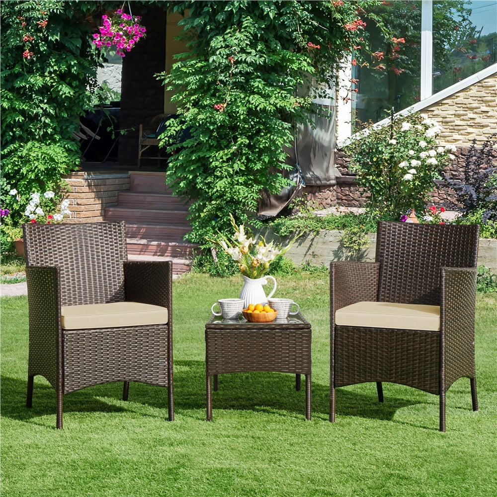 Costoffs Set of 3 Patio Table and Chairs, Outdoor Wicker Conversation Furniture Set, 2pcs Woven Rattan Chairs with Cushions and 1 Side Table