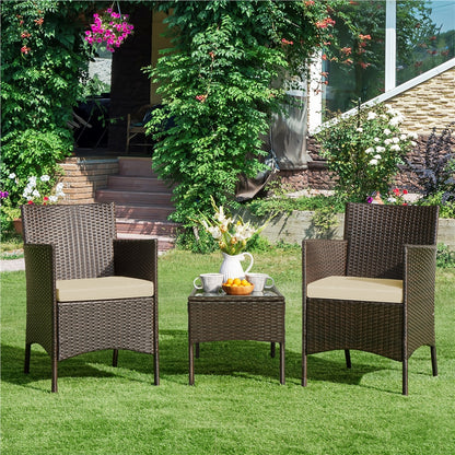 Costoffs Set of 3 Patio Table and Chairs, Outdoor Wicker Conversation Furniture Set, 2pcs Woven Rattan Chairs with Cushions and 1 Side Table