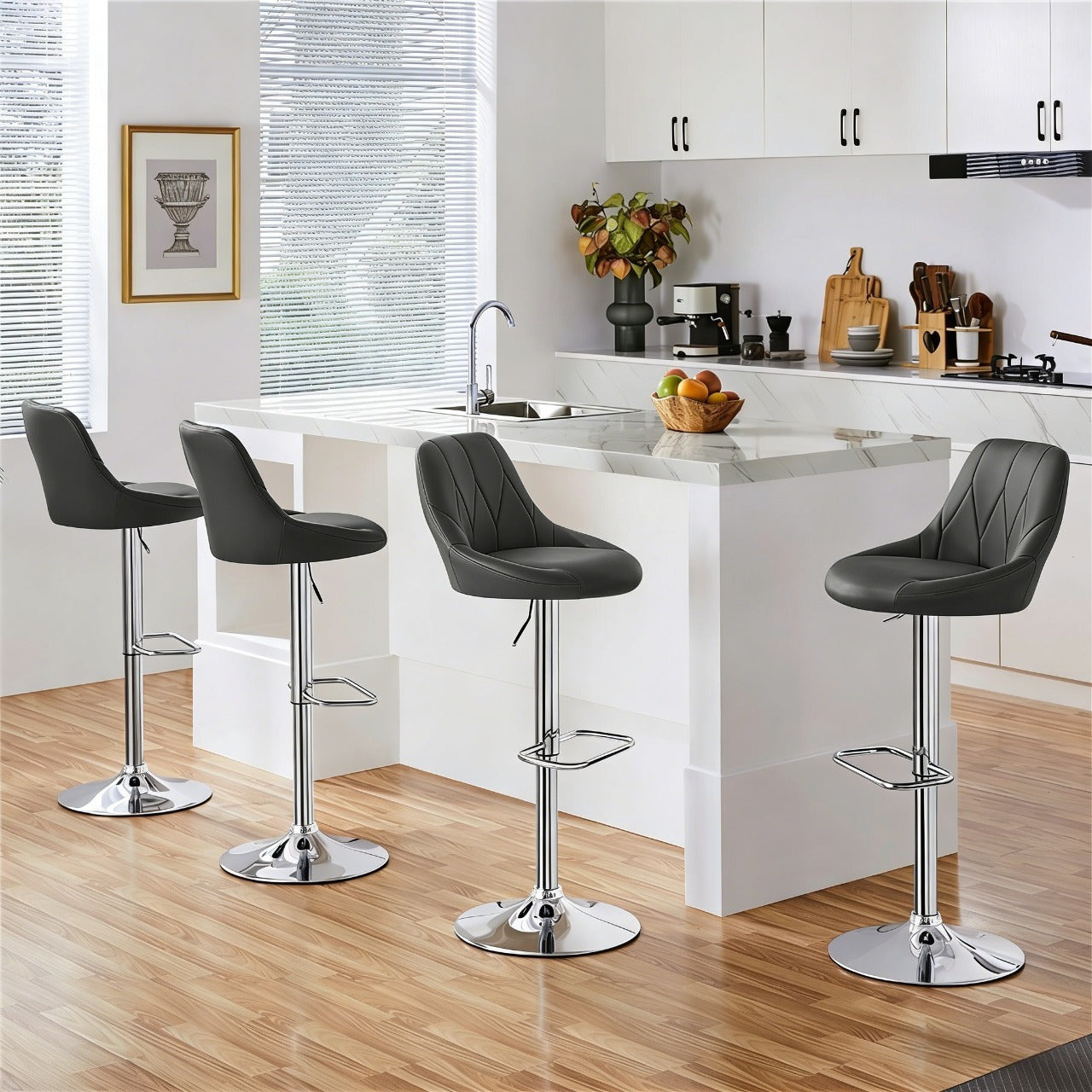 Costoffs 2PCS Bar Stools Faux Leather Swivel Barstools, Height Adjustable, Modern Bar Chairs with Ergonomic Backrest, Cushioned Seat, Chrome Footrest for Home Kitchen Island Bar Counter, Dark Grey/Black/Retro Brown/White/Light Grey
