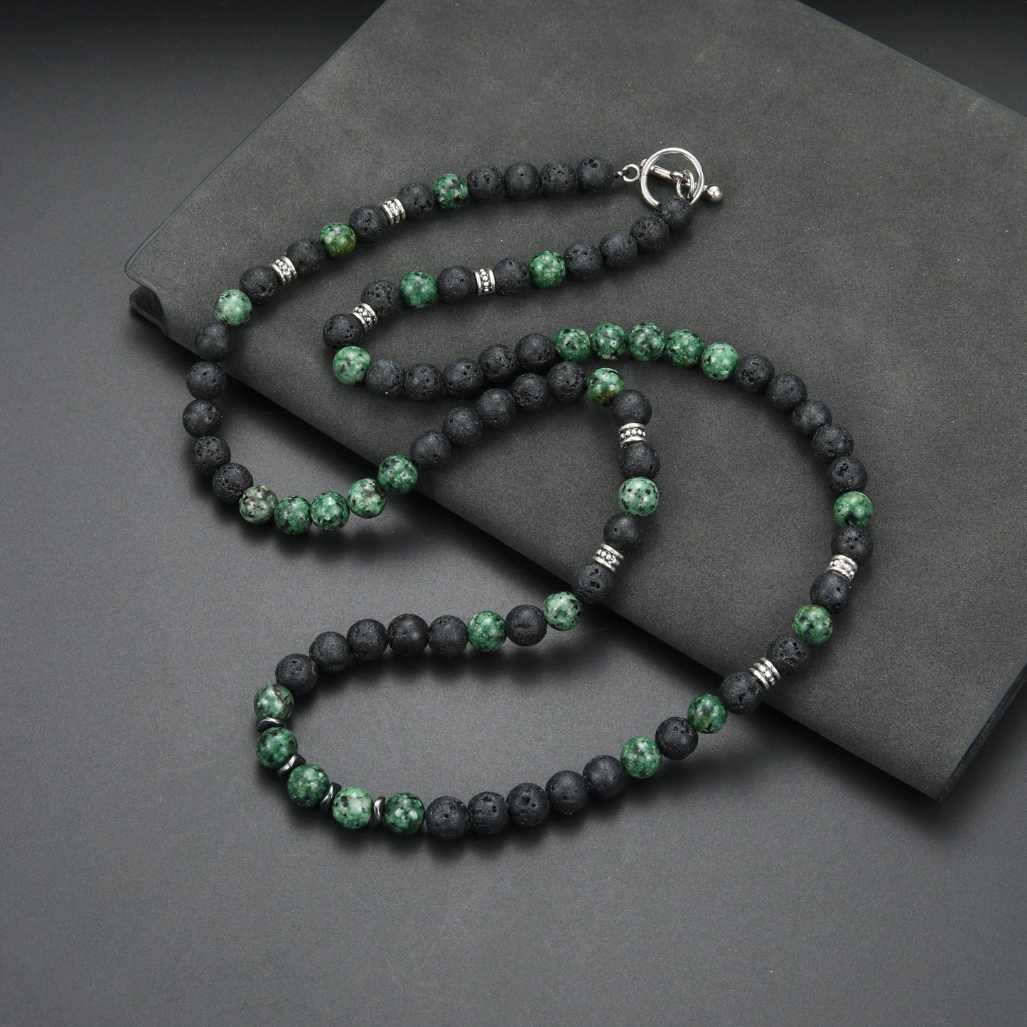 Men'S Cool Style 8Mm Black Round Bead Long Necklace with Green Stone Beads Accents - Stylish Layered Design, Perfect Gift for Men, Stylish Accessory|Minimalist Necklace|Durable Necklace