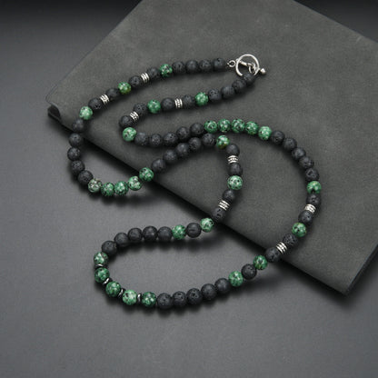 Men'S Cool Style 8Mm Black Round Bead Long Necklace with Green Stone Beads Accents - Stylish Layered Design, Perfect Gift for Men, Stylish Accessory|Minimalist Necklace|Durable Necklace