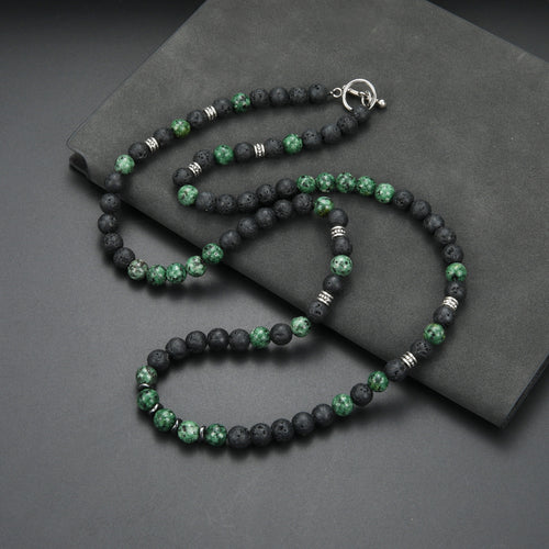 Men'S Cool Style 8Mm Black Round Bead Long Necklace with Green Stone Beads Accents - Stylish Layered Design, Perfect Gift for Men, Stylish Accessory|Minimalist Necklace|Durable Necklace