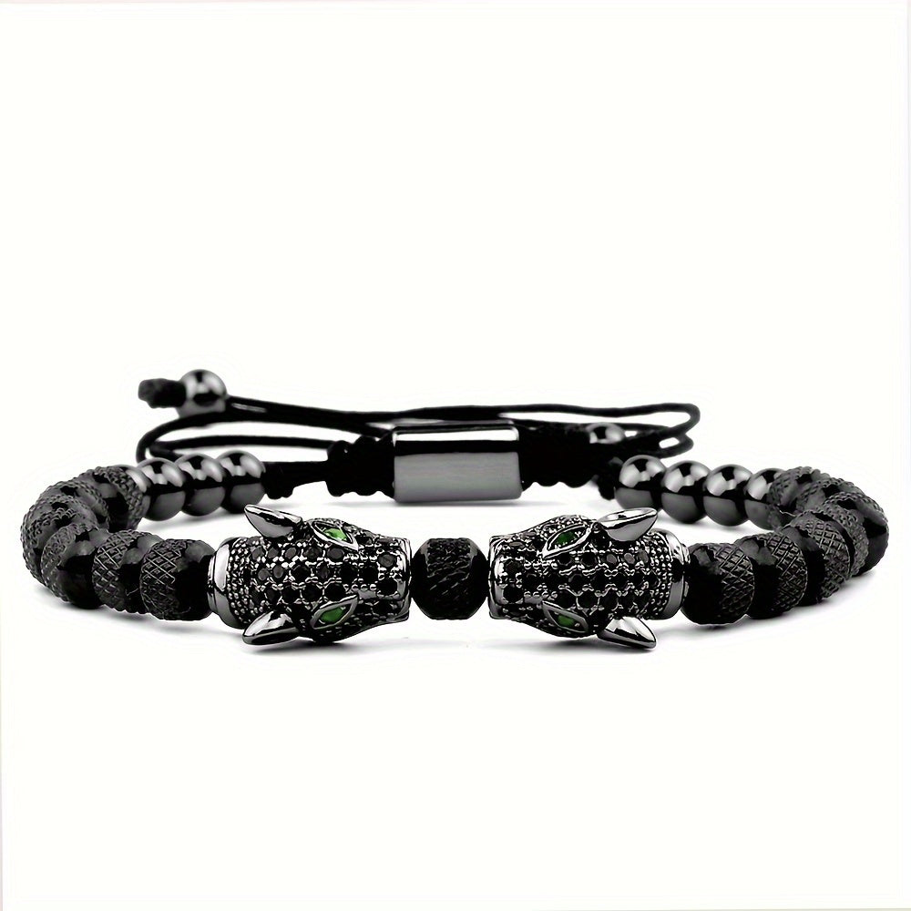 Luxury Leopard Head Men's Bracelet 304 Stainless Steel Bead Bracelet Banlge Adjustable Size Men's Jewelry Gift, Best for Christmas